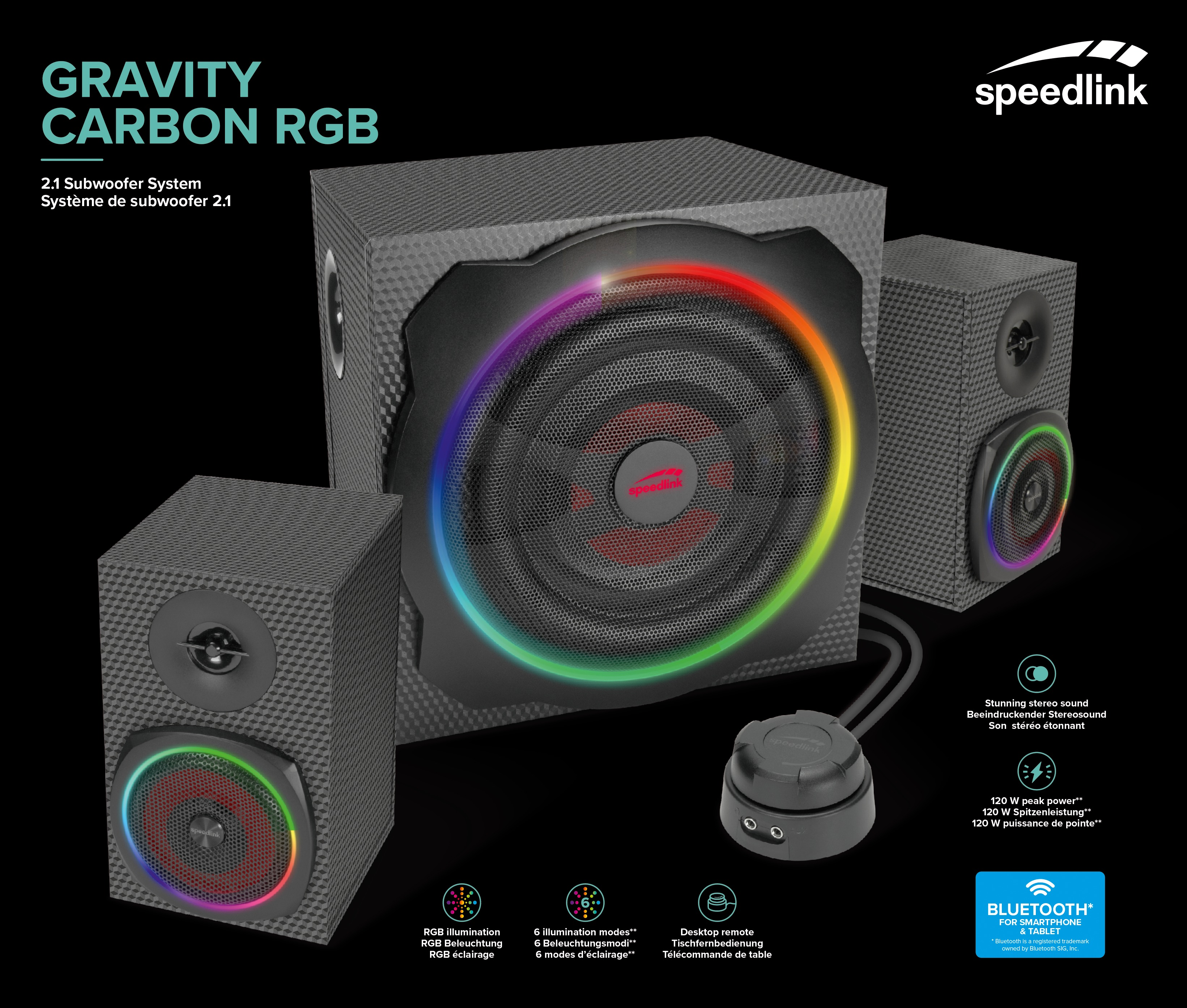 Ein schwarzes Lautsprecherset mit RGB-Beleuchtung und einem Steuerwahlrad.