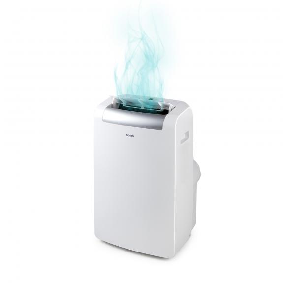 Climatiseur blanc émettant de l'air bleu sur un fond blanc.