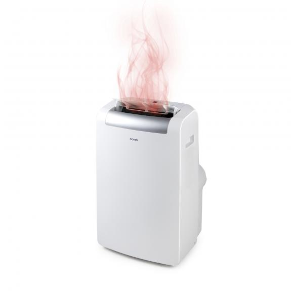 Un climatiseur portable blanc avec de la fumée rouge s'élevant du dessus, sur fond blanc.