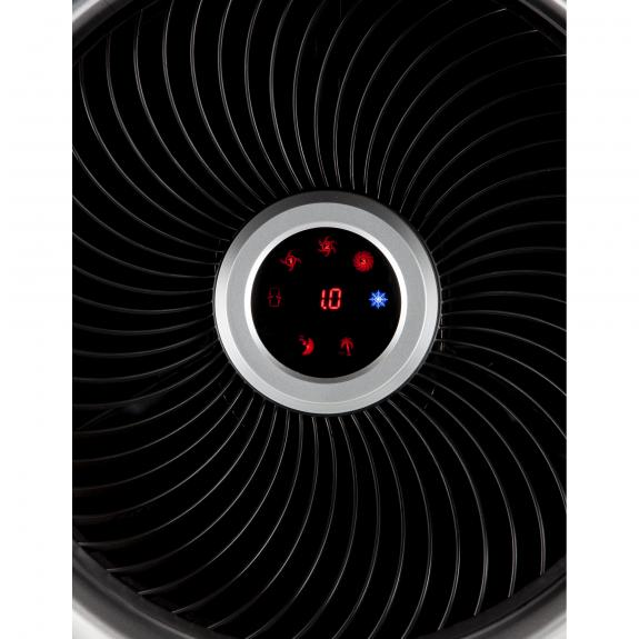 Gros plan d'un ventilateur circulaire avec un affichage numérique indiquant une lecture de '1.0'.