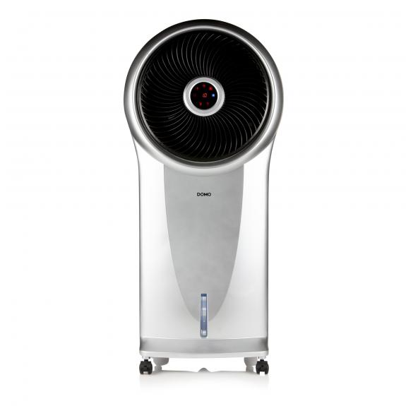 Refroidisseur d'air argenté et blanc. Il a un ventilateur noir et un affichage numérique. DOMO est imprimé sur le devant.