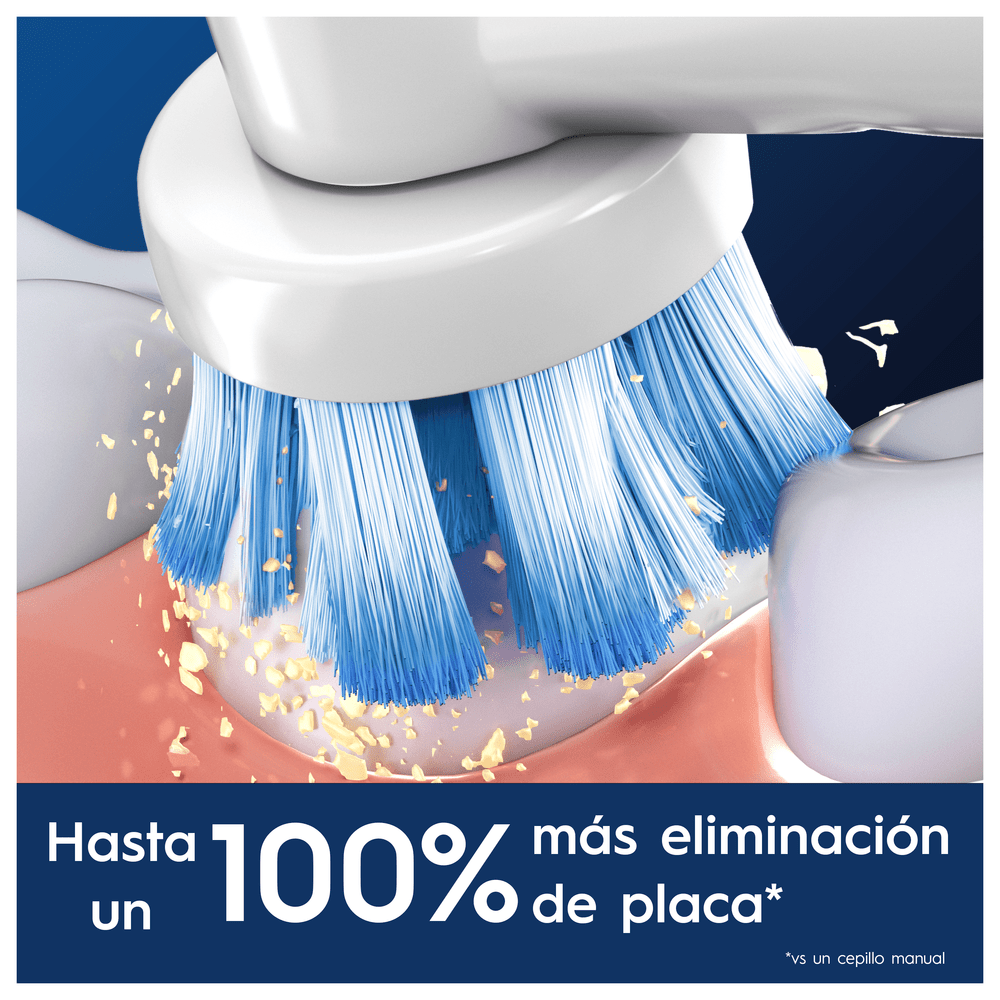 Cepillo de dientes limpiando dientes, cerdas azules visibles, texto sobre 100% más eliminación de placa.