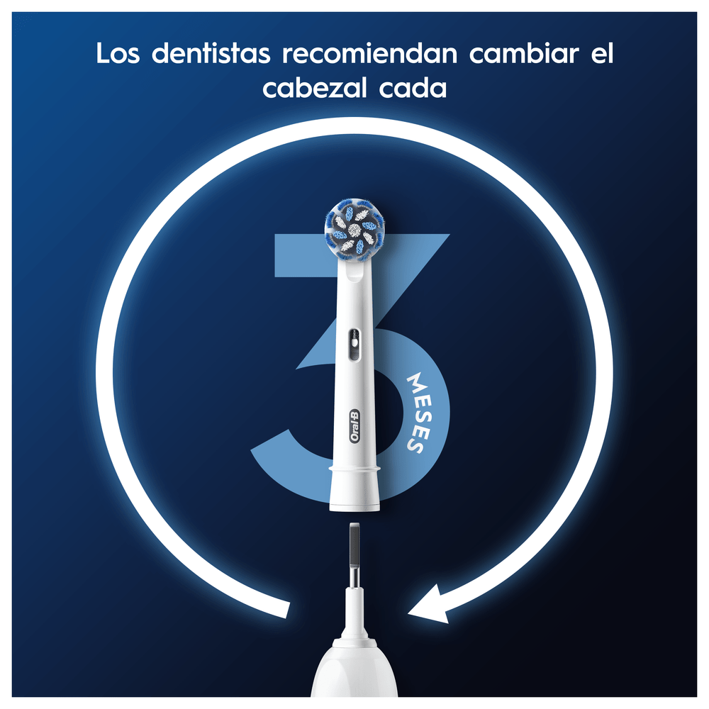 Cabezal de cepillo Oral-B en mango blanco, con fondo azul y recordatorio de 3 meses.