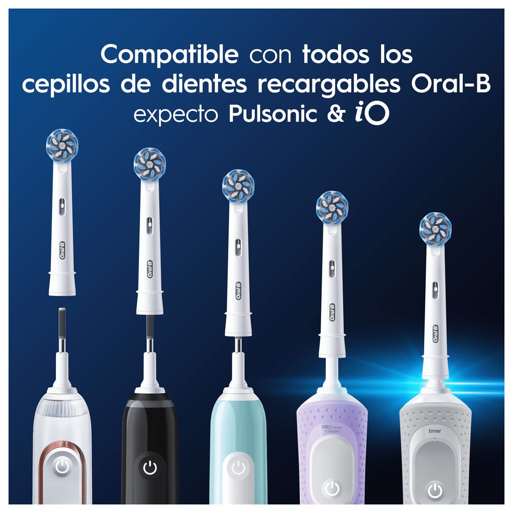 Múltiples cabezales de cepillos de dientes eléctricos con varios modelos y colores sobre fondo azul oscuro.