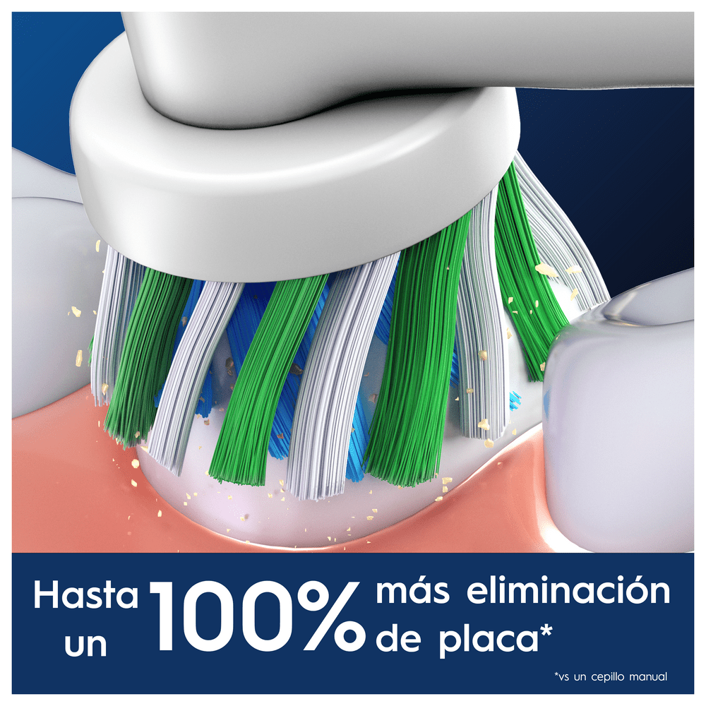 Primer plano de cerdas de cepillo de dientes limpiando dientes, con texto indicando eliminación de placa.