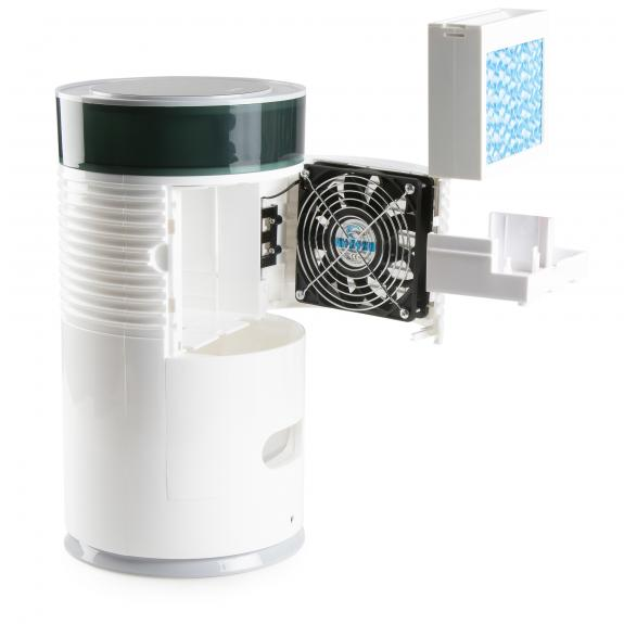 Un purificateur d'air ouvert avec un ventilateur et un filtre à eau.