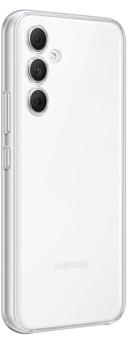 Przezroczyste etui na telefon z potrójnym aparatem z tyłu. Logo Samsung widoczne poniżej.