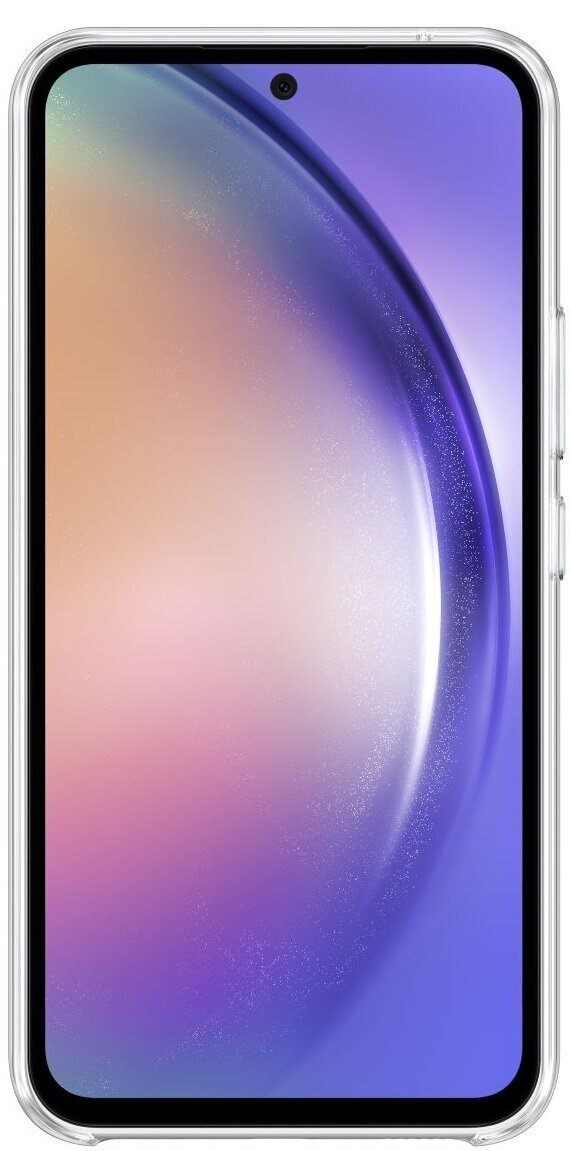 Smartfon z przezroczystym etui, pokazujący ekran z kolorowym, rozmytym tłem.