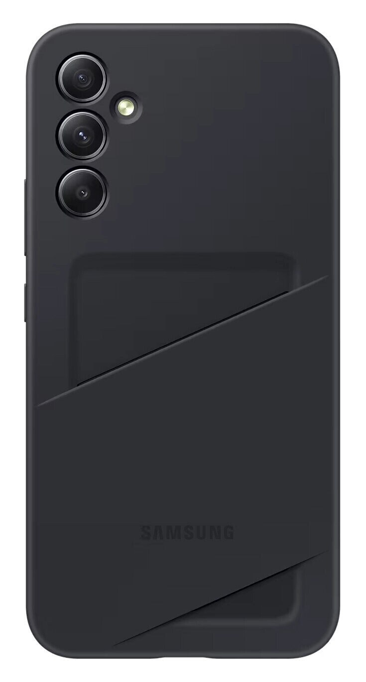 Czarne etui na telefon z miejscem na kartę i ukośnym wzorem linii, z logo Samsung.