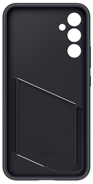 Czarne etui na telefon. Posiada slot na kartę z ukośnym cięciem i logo Samsung.