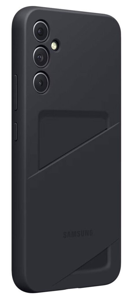 Czarny futerał na telefon z miejscem na karty i trzema obiektywami aparatu, lampą błyskową i logo Samsung.