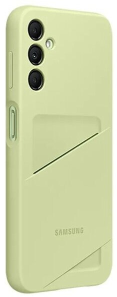 Jasnozielone etui na telefon z miejscem na kartę i obiektywami aparatu.