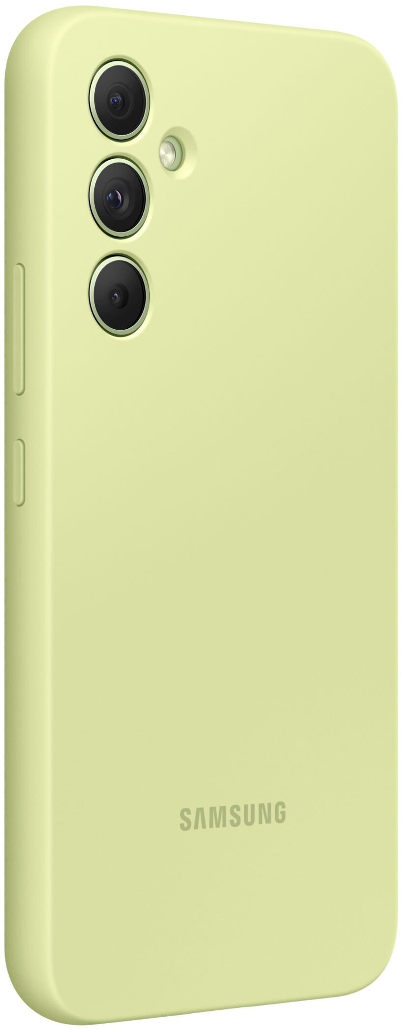 Jasnozielone etui na telefon z trzema aparatami, logo Samsung i bocznym przyciskiem.