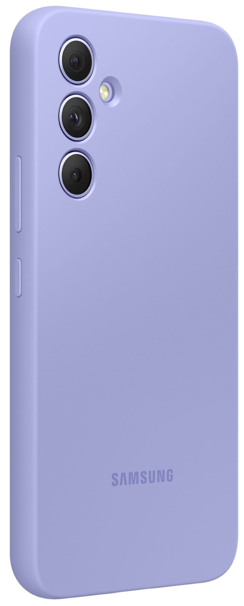 Liliowe etui na telefon Samsung z trzema aparatami z tyłu, widok z boku.