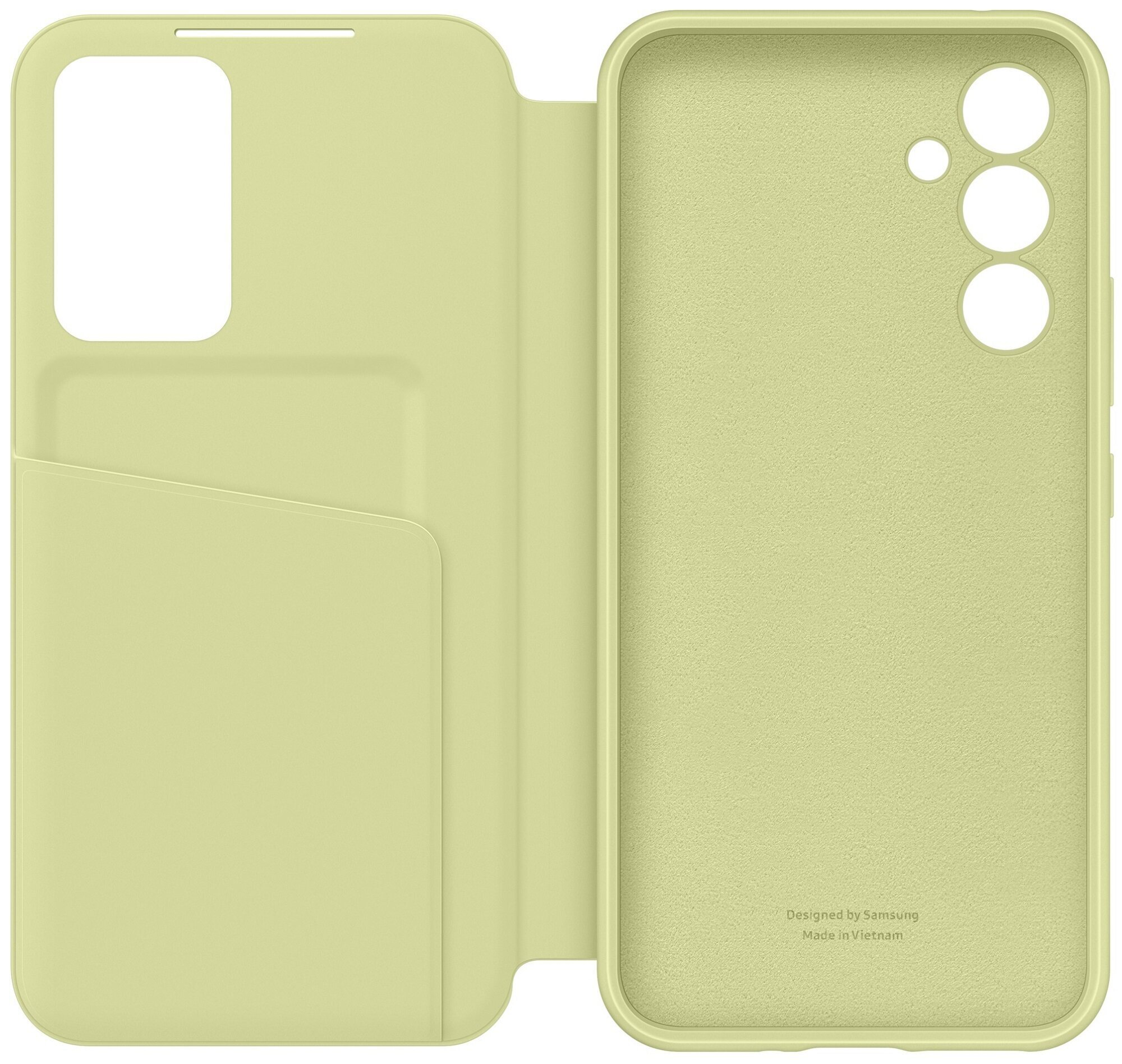 Otwarta zielona obudowa telefonu z widoczną przegródką na kartę i wnętrzem, na białym tle.