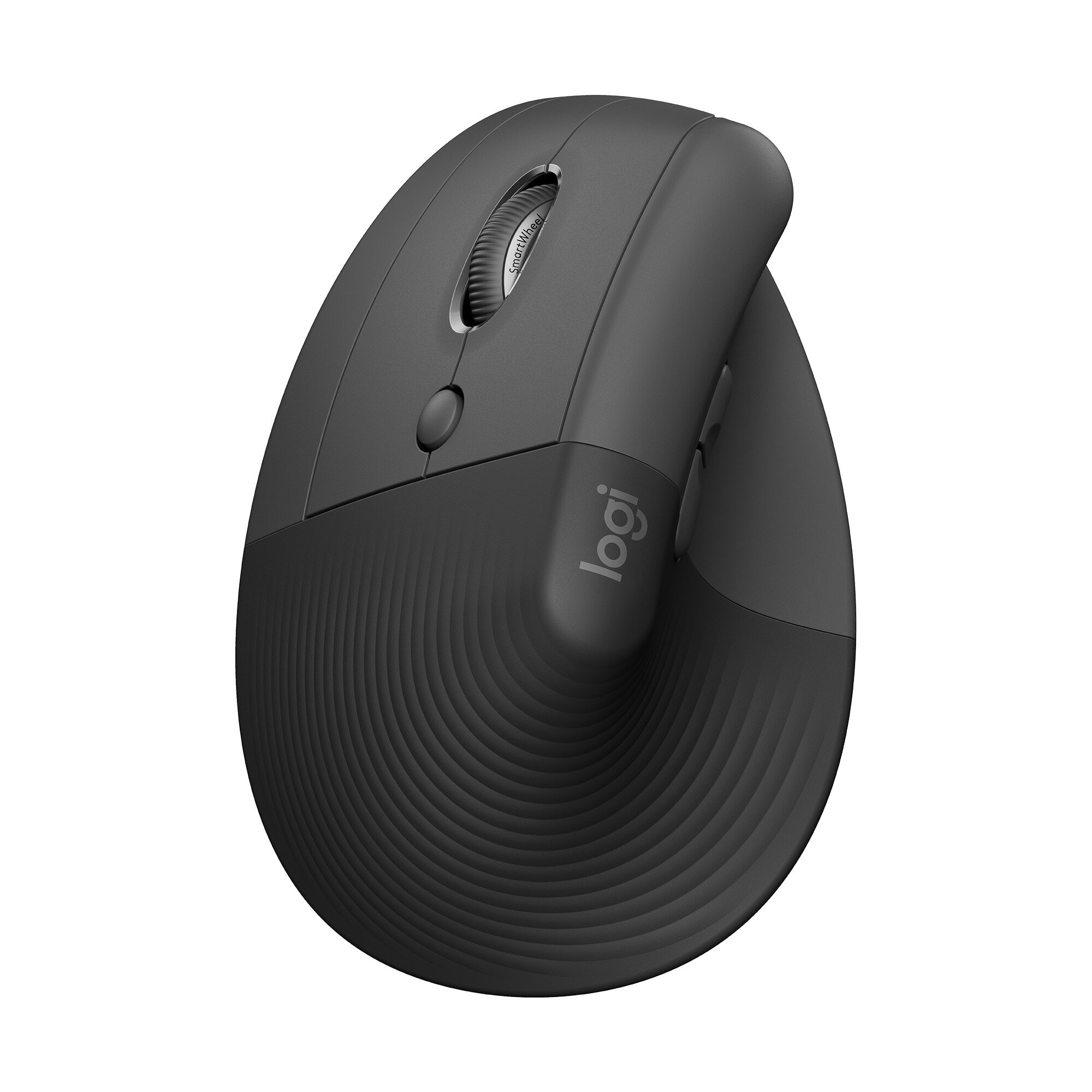 Czarna, ergonomiczna mysz Logitech z kółkiem przewijania i logo na białym tle.