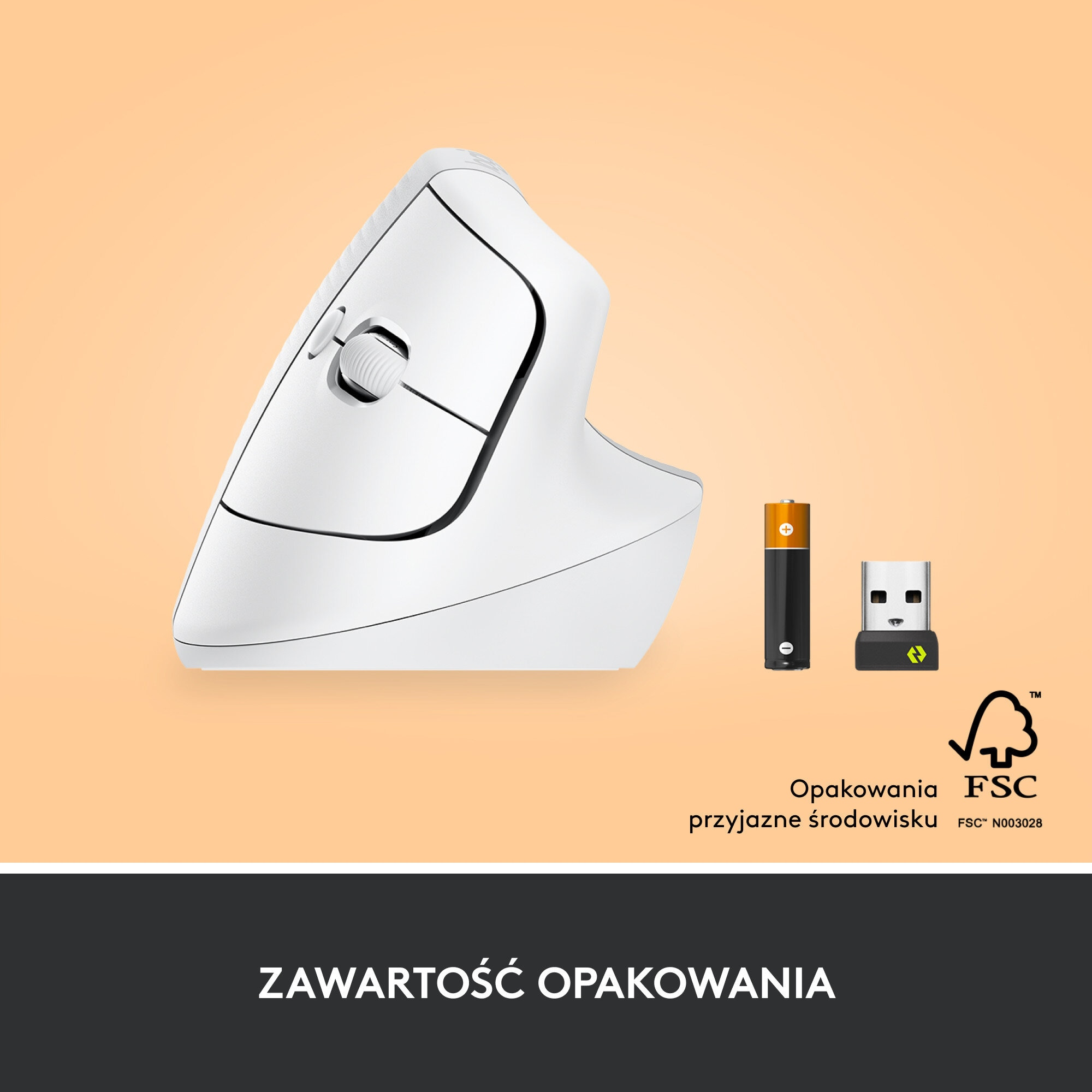 Biała ergonomiczna mysz, bateria i odbiornik USB na jasnopomarańczowej powierzchni z logo.