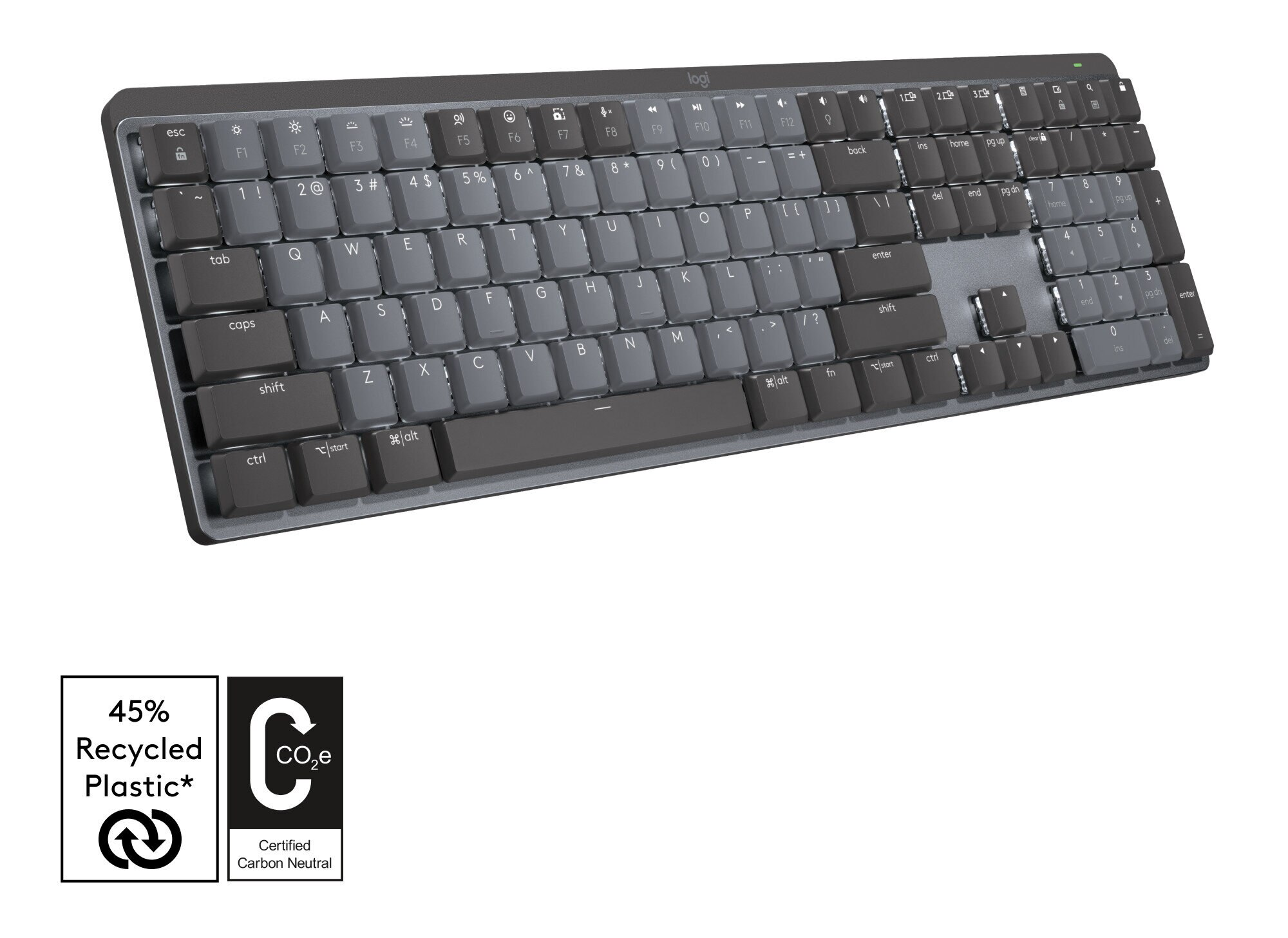Szara klawiatura z czarnymi klawiszami i białym tłem. Etykieta 45% tworzywa sztucznego z recyklingu.