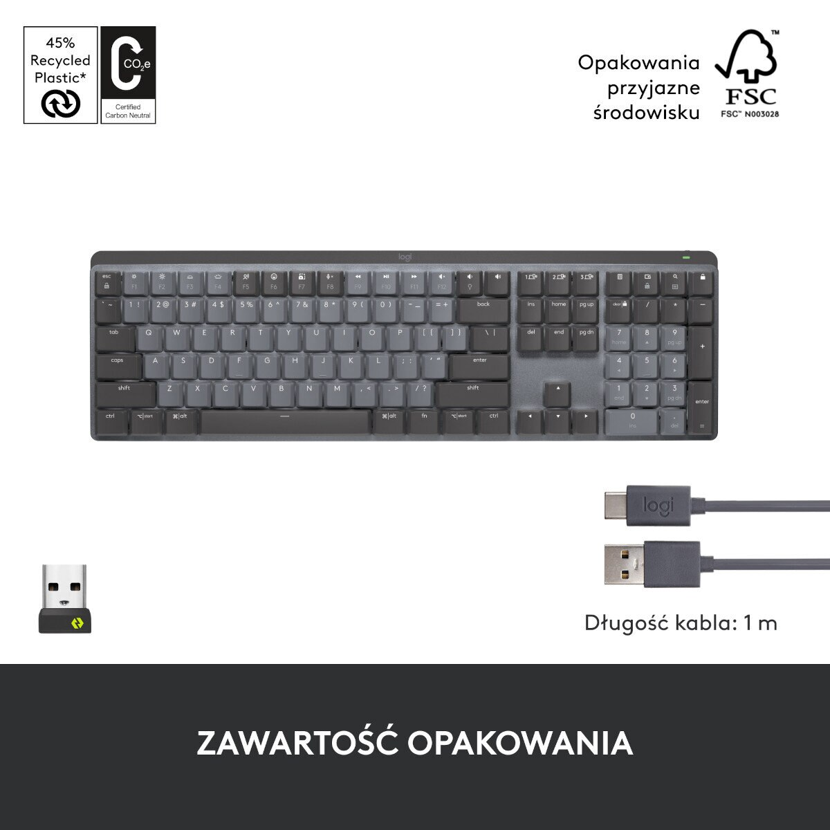 Klawiatura i klucz USB. Tekst: 45% tworzywa sztucznego z recyklingu, opakowanie FSC.