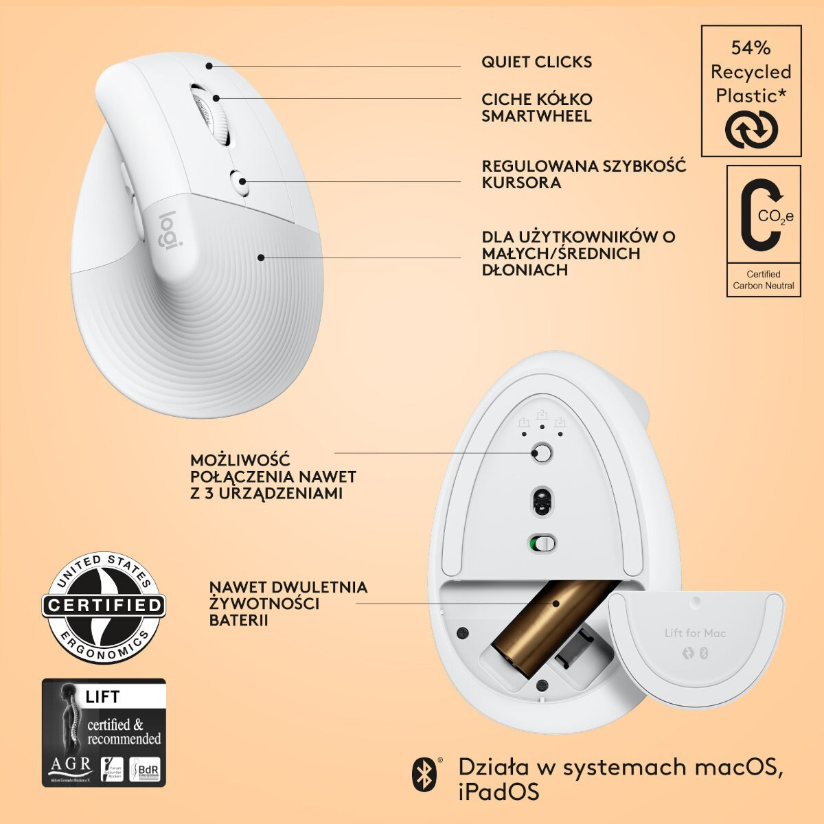 Biała mysz Logitech Lift. Ma zakrzywioną konstrukcję, przyciski i kółko przewijania. Pokazuje komorę baterii.