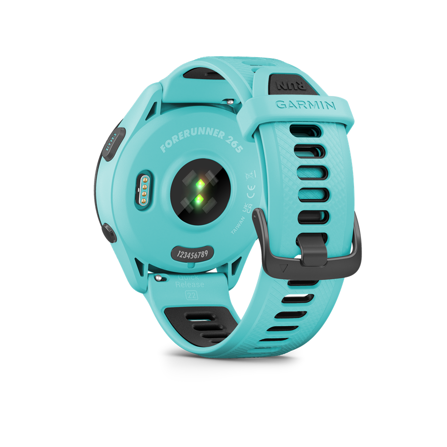 Türkiz Garmin Forerunner 265 óra. A hátulja látható, pulzusmérővel és szíjjal.