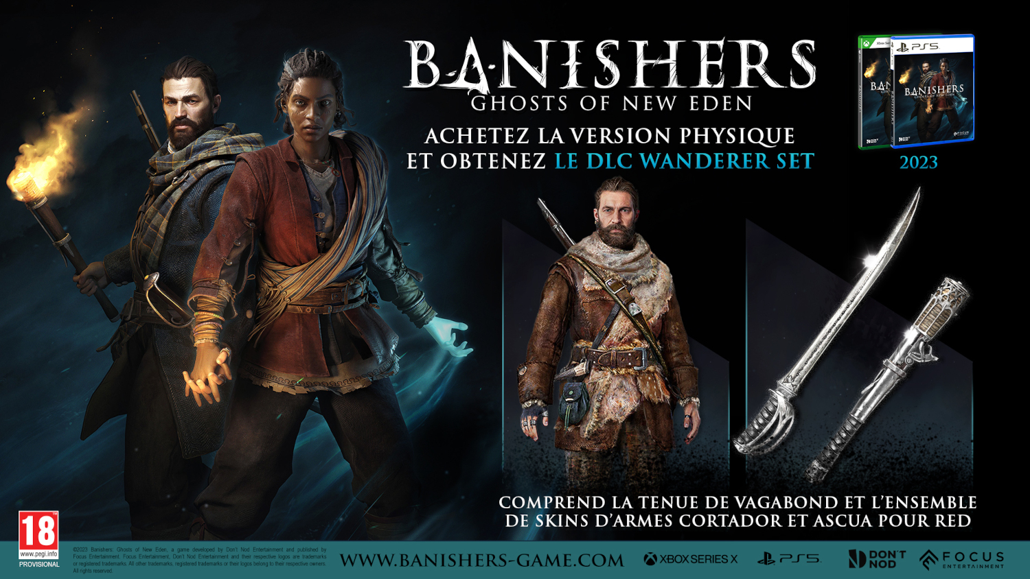 Publicité du jeu Banishers : Deux personnages avec des armes, boîte du jeu, texte promotionnel.