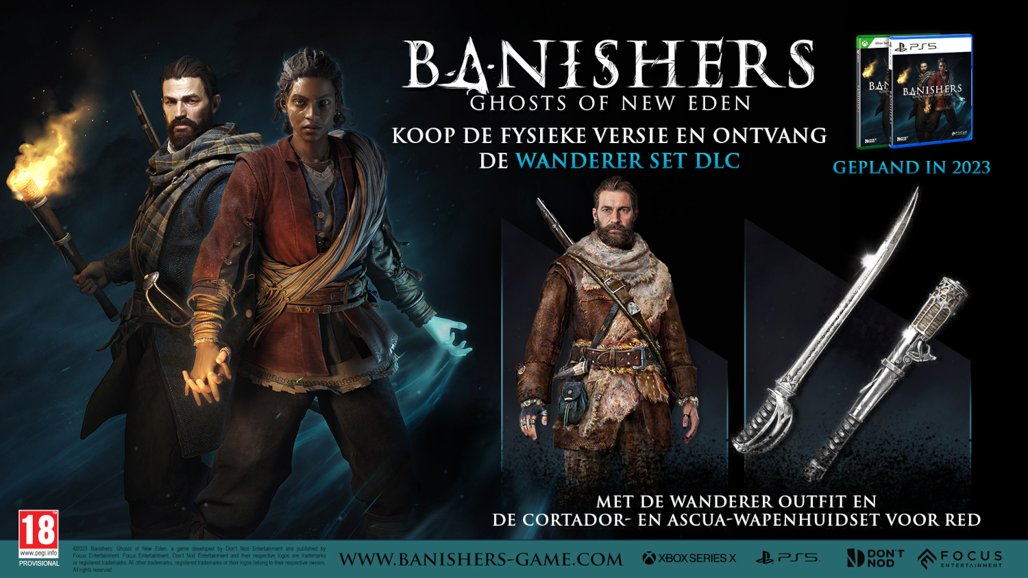 Publicité de jeu avec deux personnages, des armes et le titre du jeu.