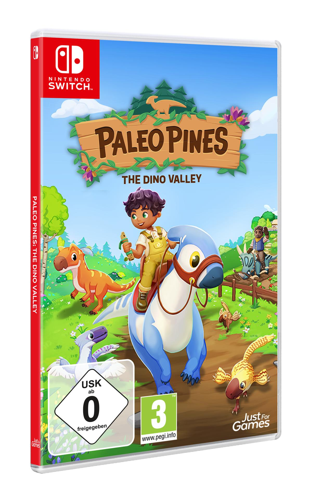 Eine Videospielverpackung für Paleo Pines: The Dino Valley. Ein Cartoon-Bild ist vorne.
