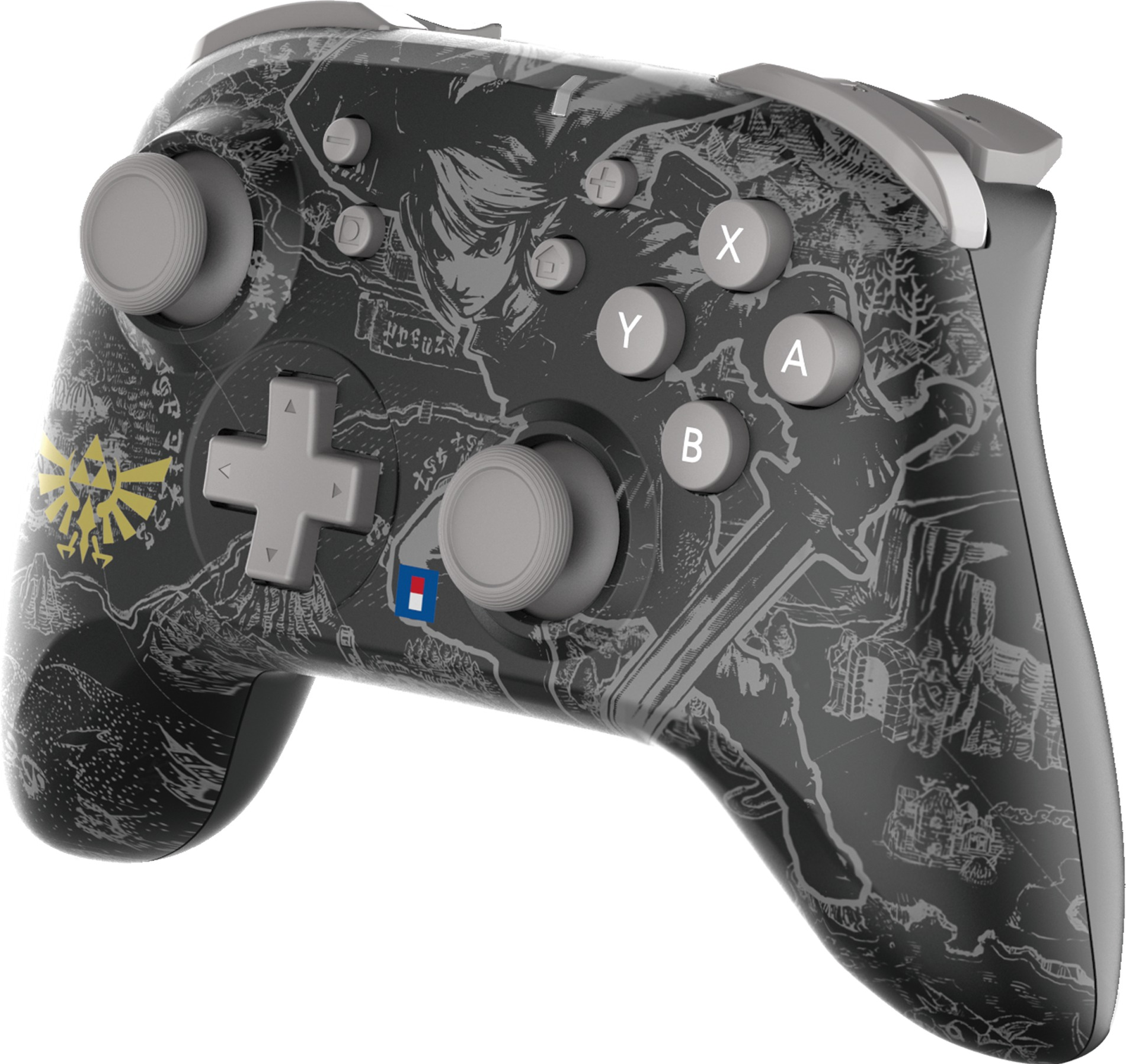 Controller nero con pulsanti grigi e un design a mappa con un logo dorato.