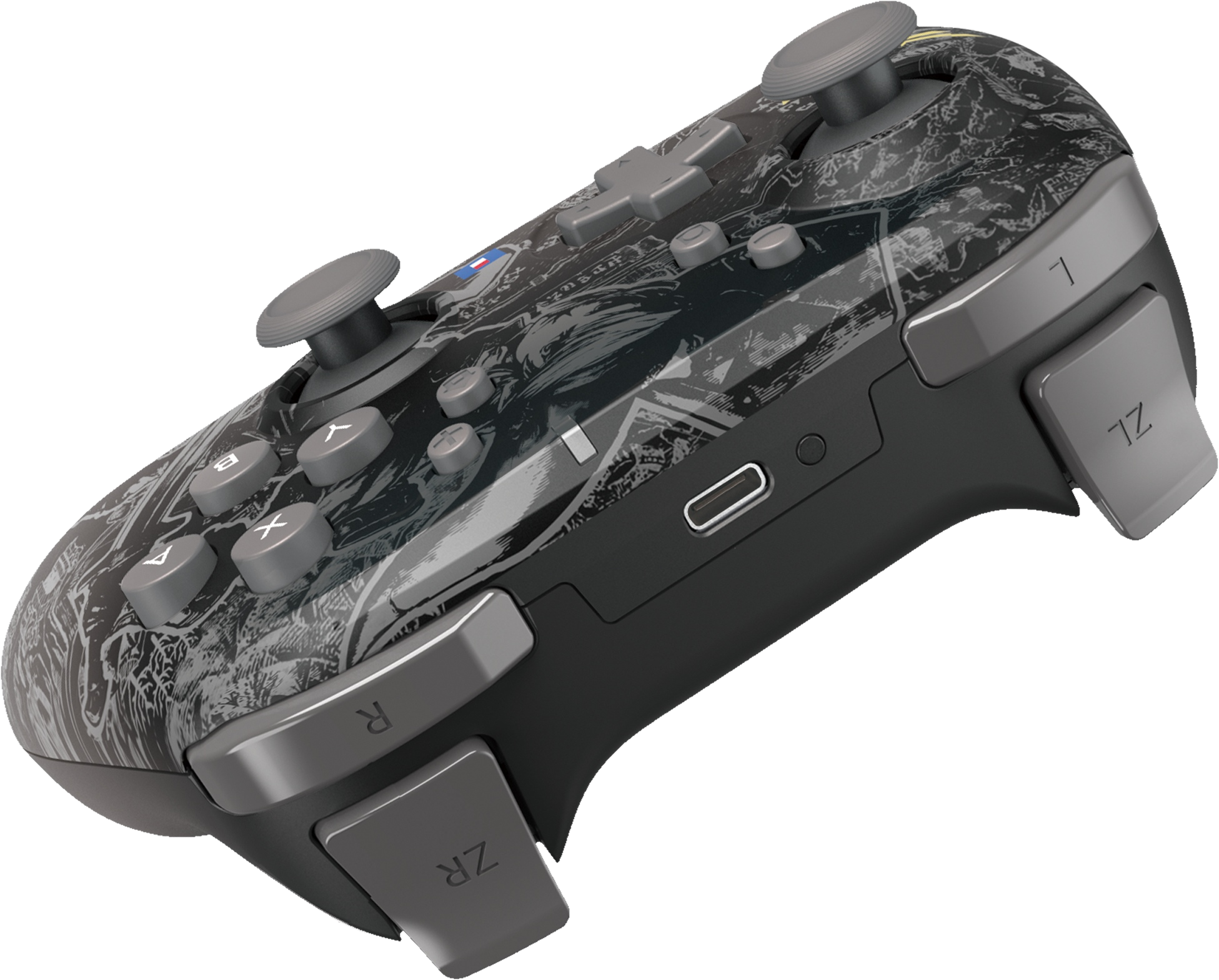 Controller di gioco con pulsanti grigi e design nero e grigio su sfondo bianco.