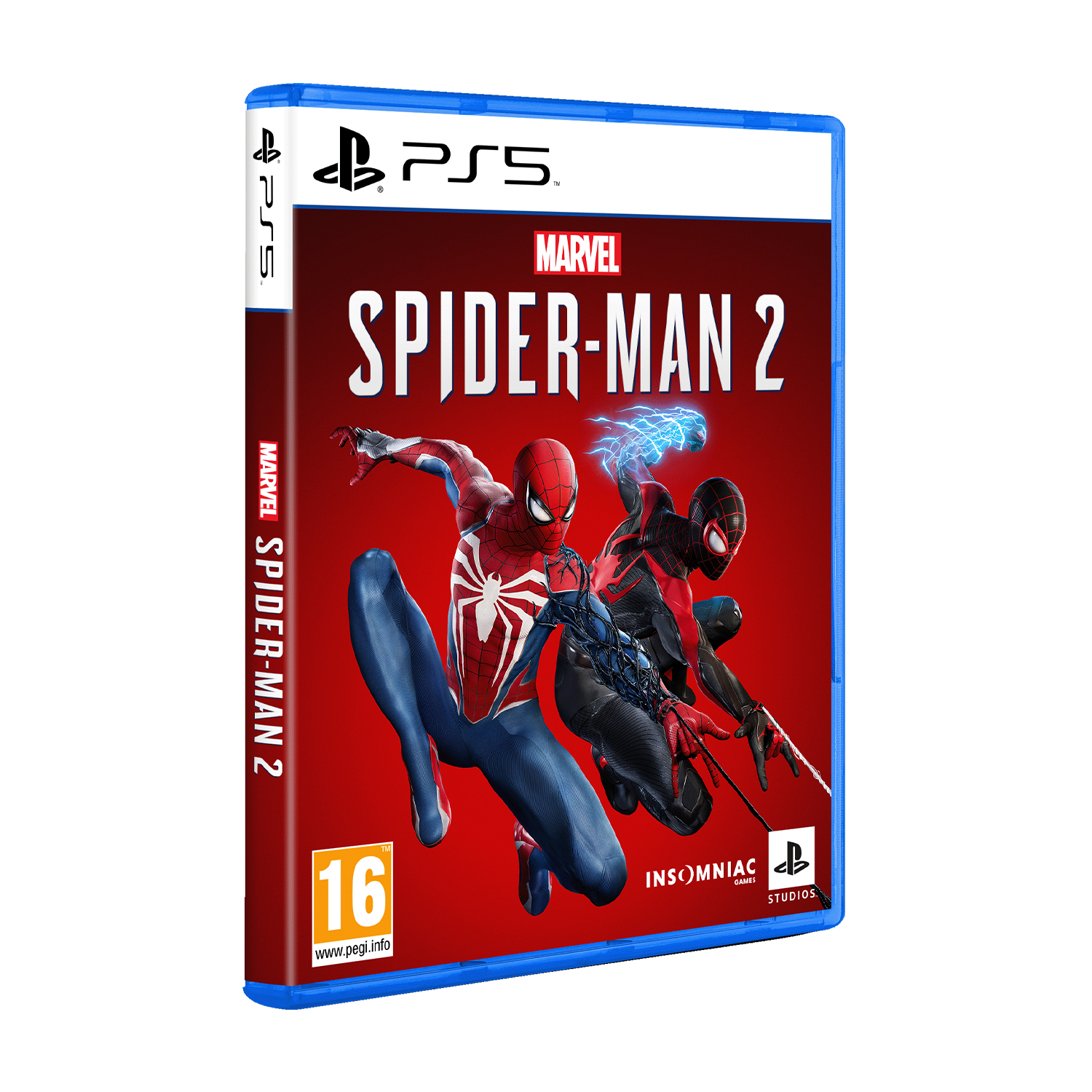 Scatola del gioco Spider-Man 2 per PS5. Con Spider-Man e Miles Morales su sfondo rosso.