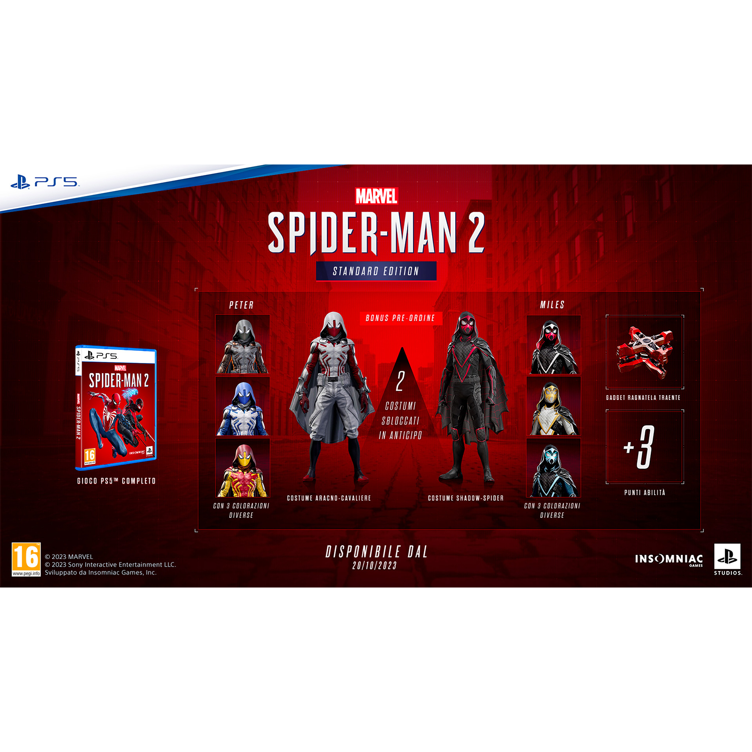 Scatola di gioco con grafica di Spider-Man 2 e logo PS5.