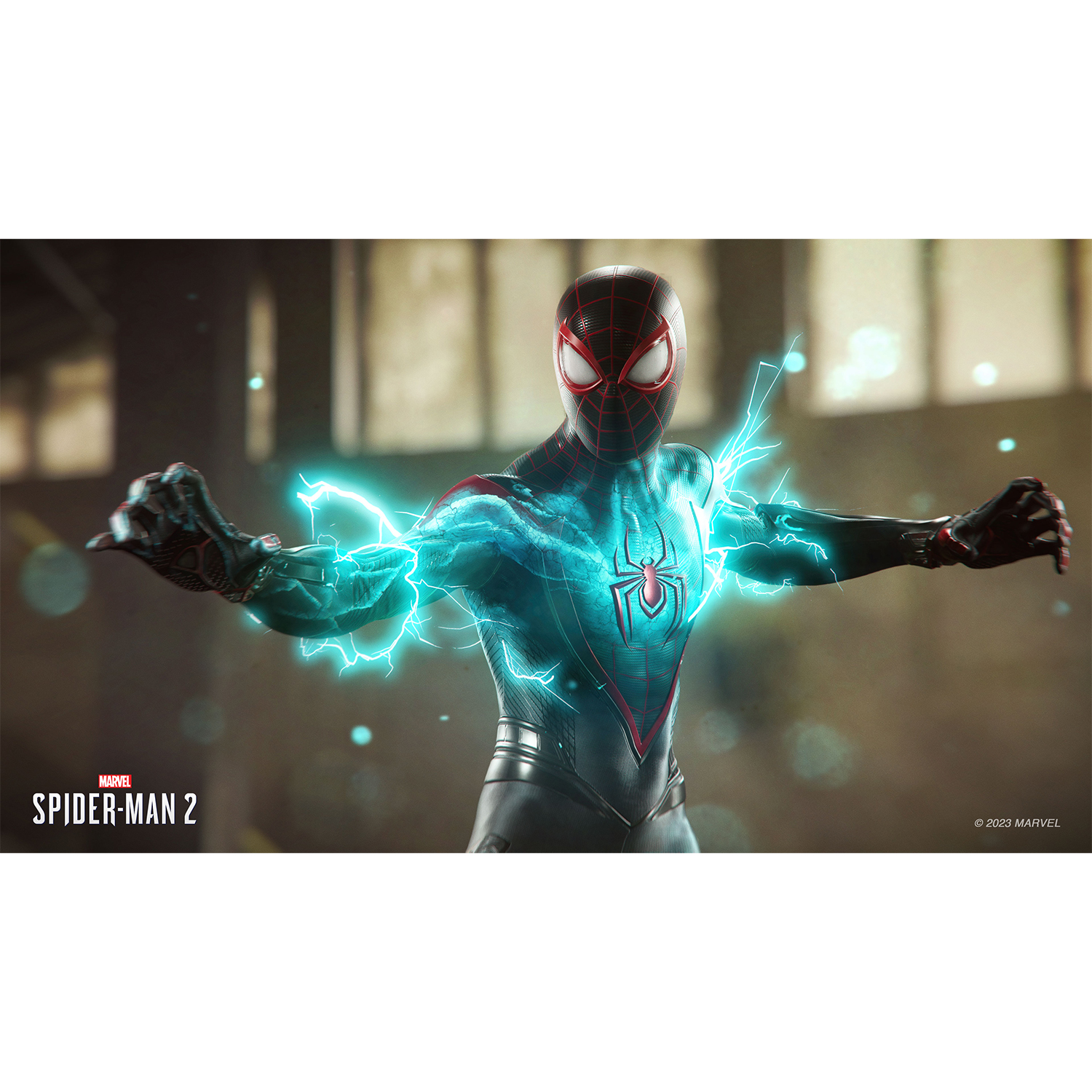 Spider-Man in tuta nera con effetti blu elettrico, in piena azione con fulmini.