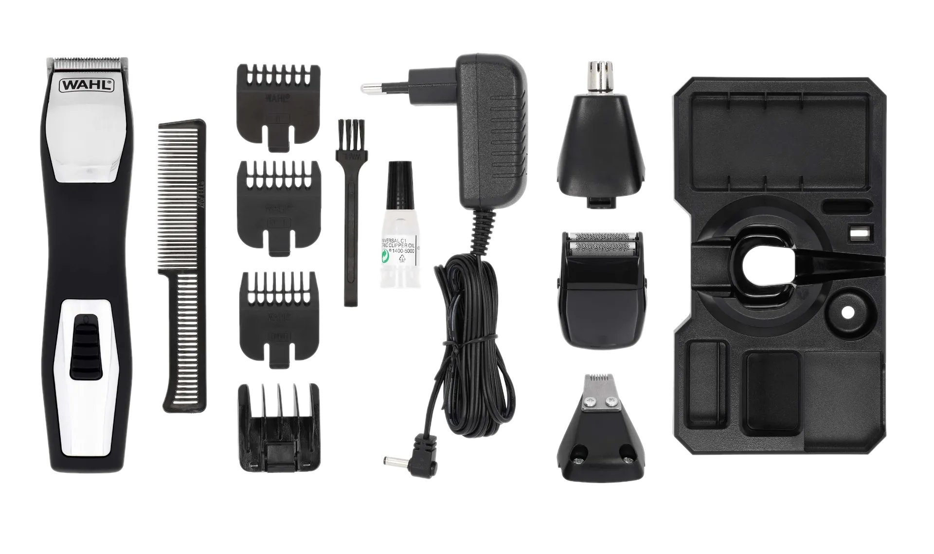 Kit de aseo con recortadora, peines, accesorios y cargador. Todos los artículos son negros.