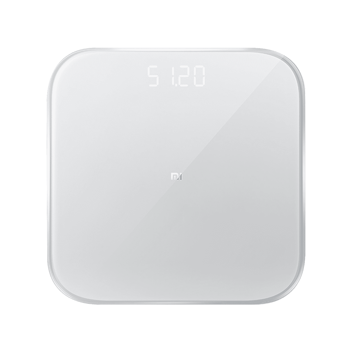 Báscula digital blanca con pantalla '51.20'. Logo de Xiaomi. Fondo negro.