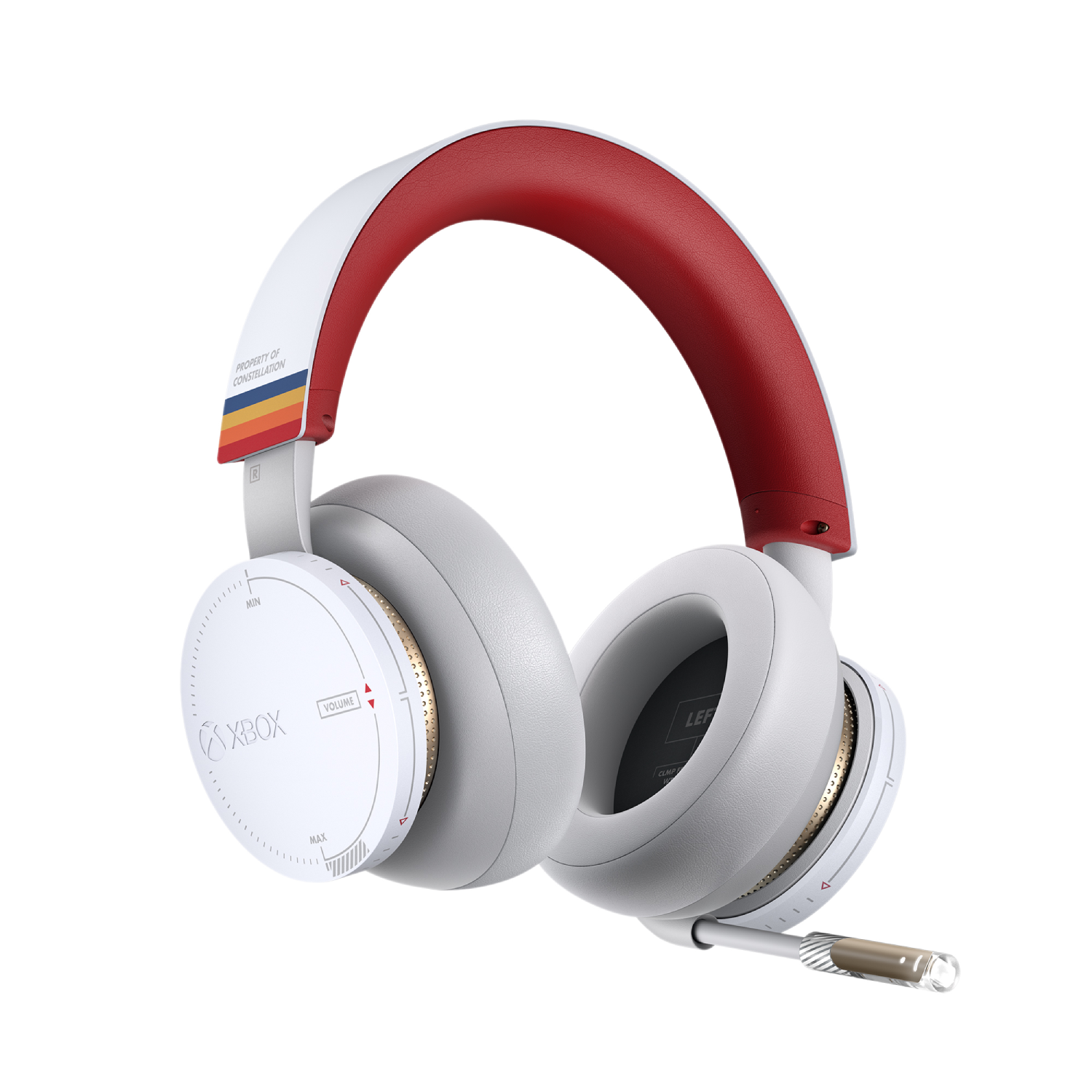 Auriculares Xbox blancos y rojos con control de volumen y micrófono.