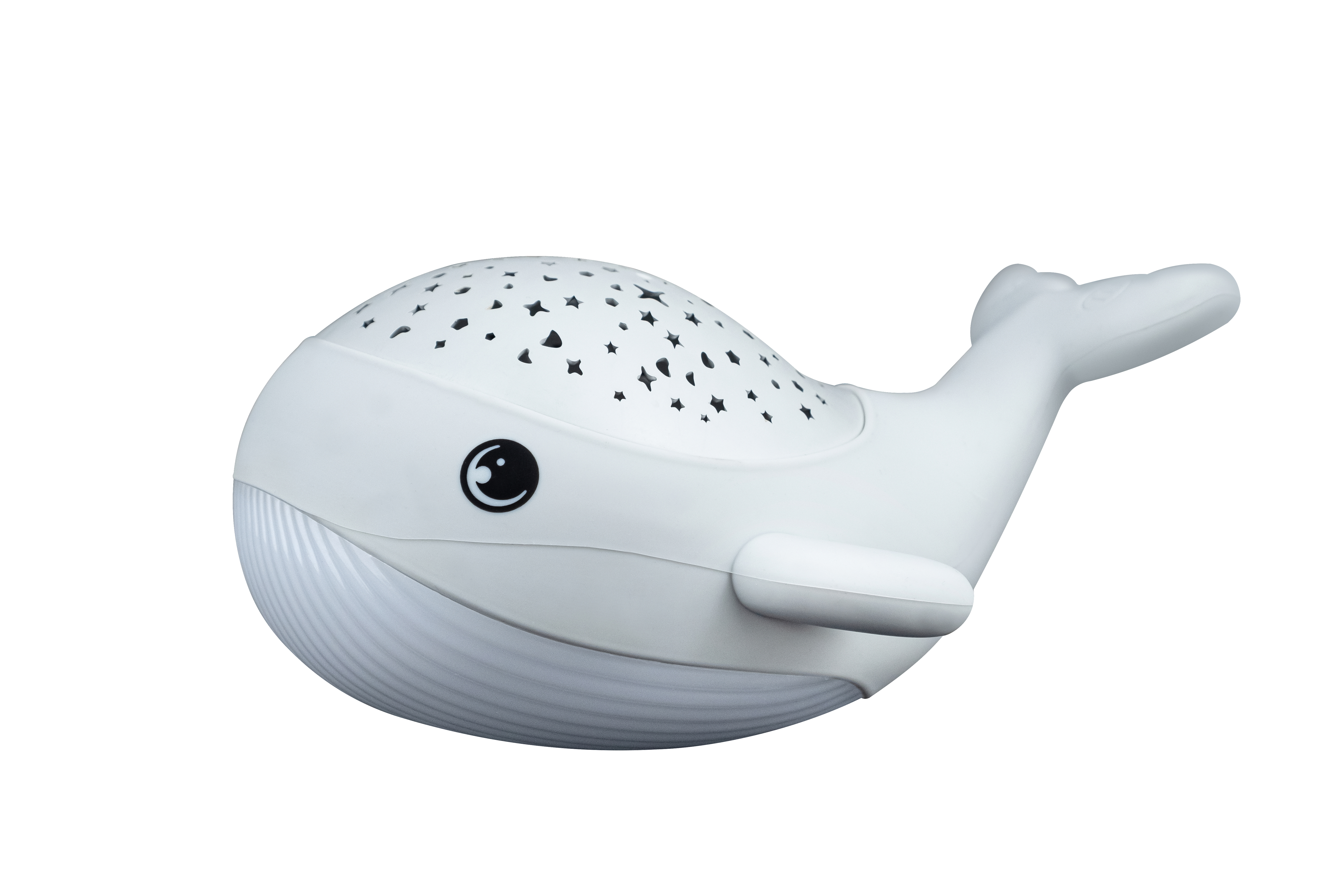 Ein weißes Wal-Nachtlicht. Es hat Sternaussparungen und einen geschwungenen Körper.