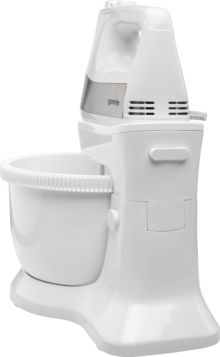 Fehér és szürke Gorenje kézi mixer fehér tálban, sötét háttérrel.