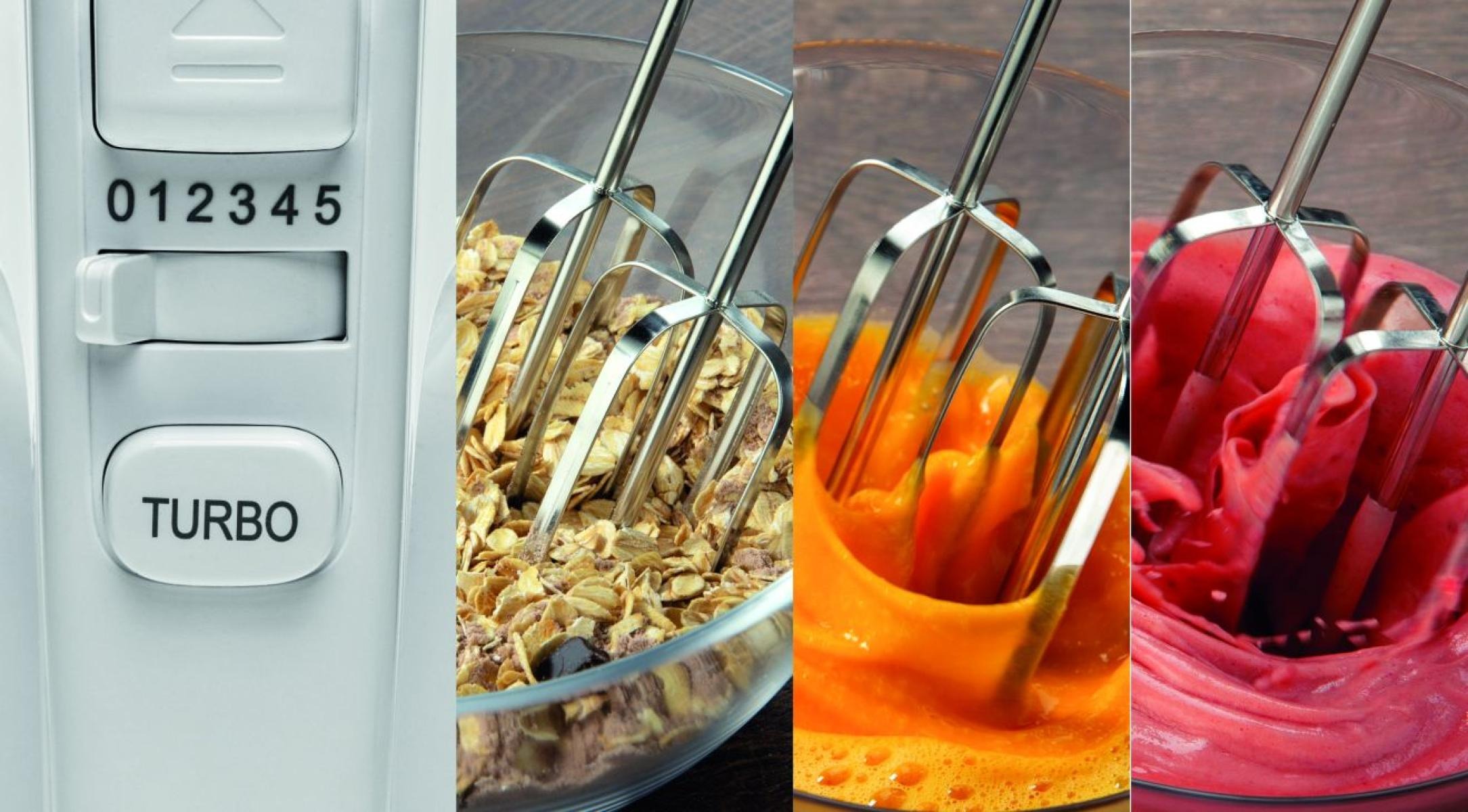 Közelkép egy mixerről és hozzávalókról tálakban. Granola, tojás és rózsaszín krém.