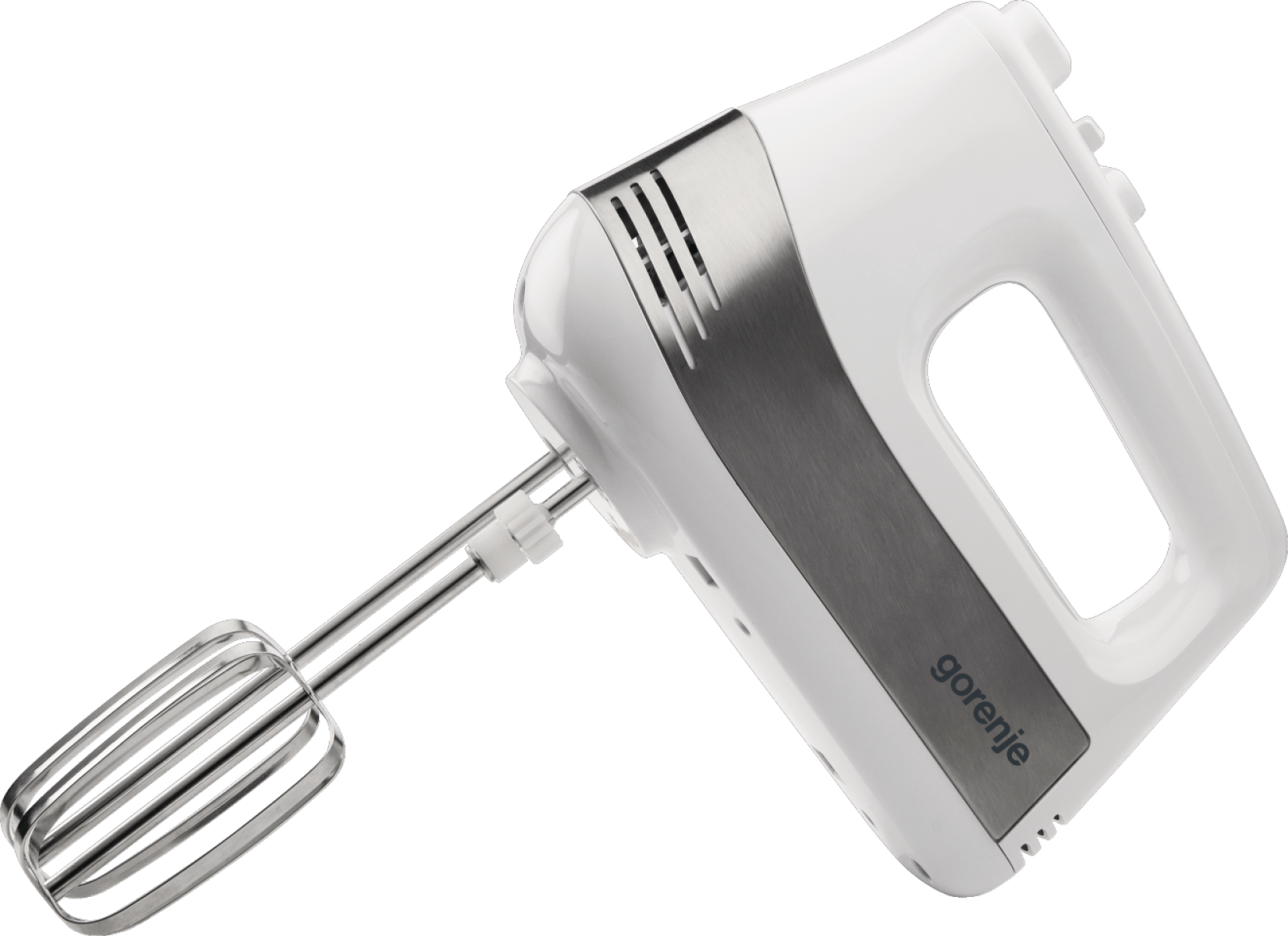 Fehér és ezüst kézi mixer fekete háttéren.