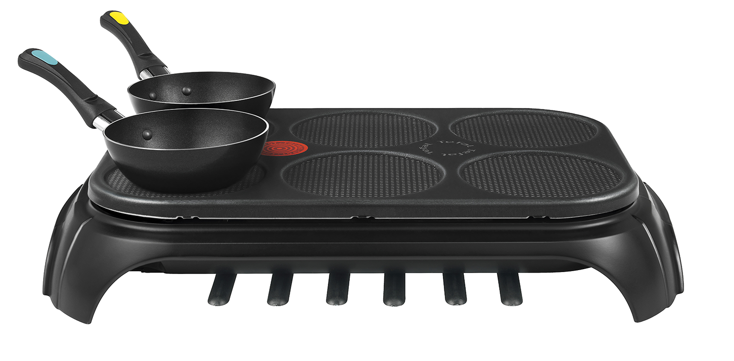 Black crepe maker with two pans on it, and a black body. Product is on a white background.