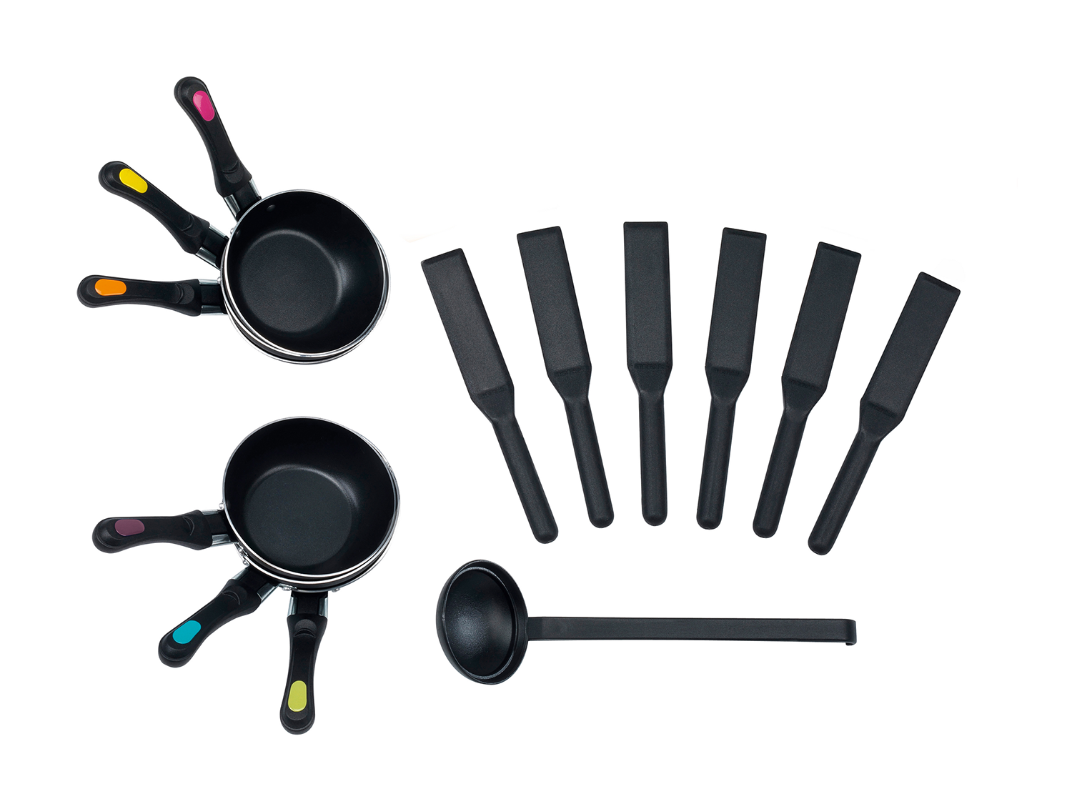 Pots and utensils are on a white surface. Two pots, a ladle, and spatulas.