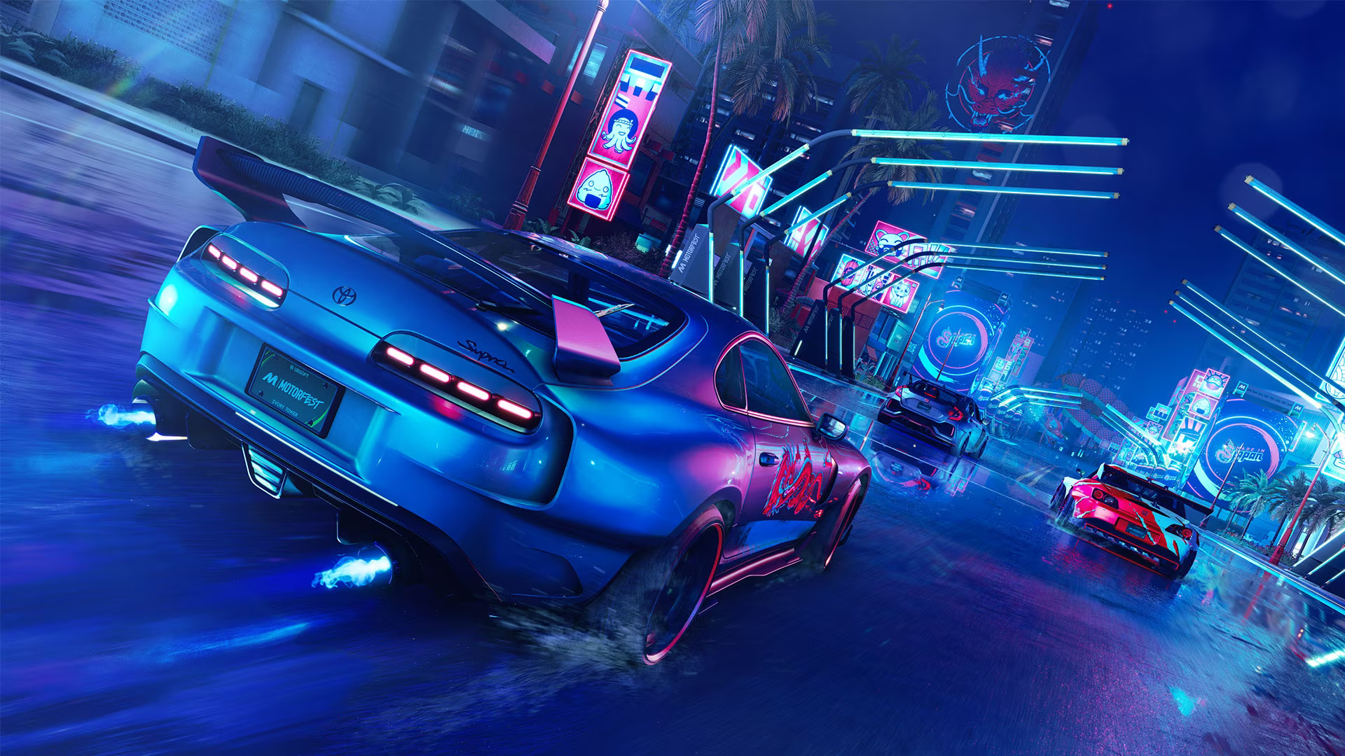 Un'auto sportiva blu che corre su una strada illuminata al neon di notte.