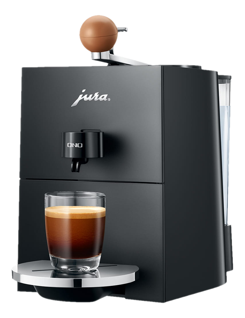 Schwarze Jura ONO Kaffeemaschine mit einem Glas Espresso.