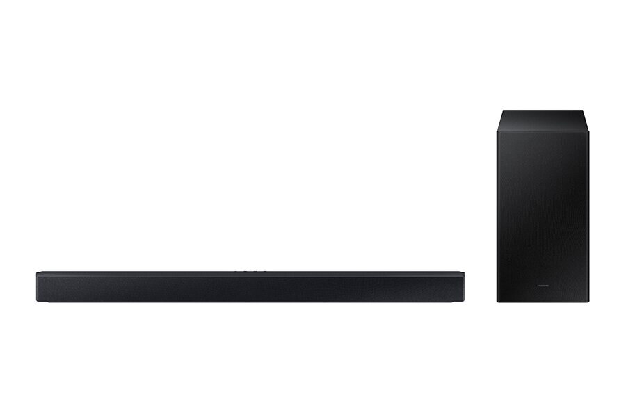 Czarny soundbar i subwoofer Samsung. Soundbar jest długi i poziomy, sub pionowy.