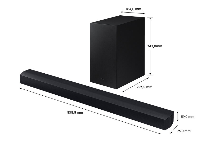 Czarny soundbar i subwoofer z wymiarami. Białe tło.