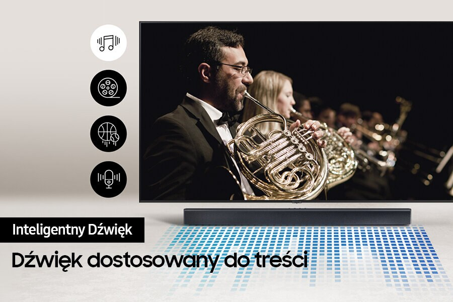 Telewizor wyświetla orkiestrę. Poniżej soundbar. Tekst brzmi „Inteligentny dźwięk” i „Dźwięk dostosowany do treści”.