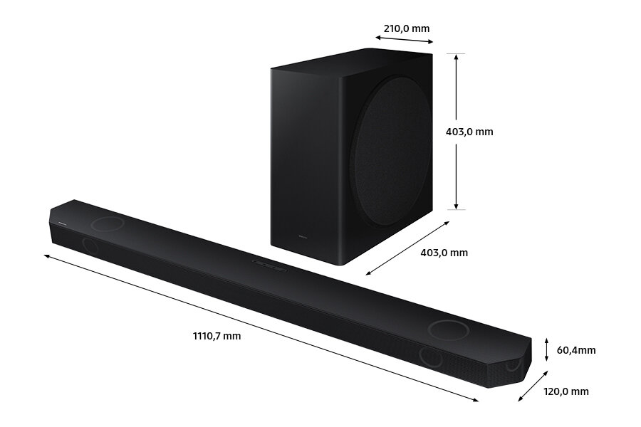 Czarny soundbar i subwoofer z wymiarami. Soundbar jest długi, subwoofer to kostka.