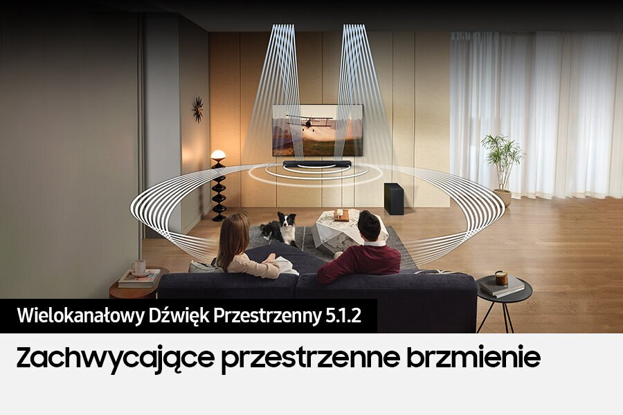 Salon z telewizorem i systemem dźwiękowym, pokazujący wizualizacje fal dźwiękowych.