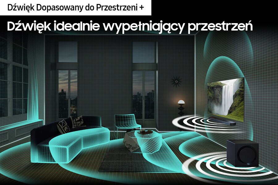 Salon z telewizorem. Fale dźwiękowe promieniują z telewizora i subwoofera, ilustrując dźwięk przestrzenny.